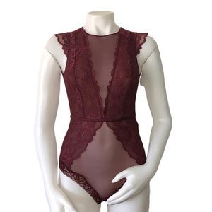 Burgundy Mesh Lace Lingerie Bodysuit